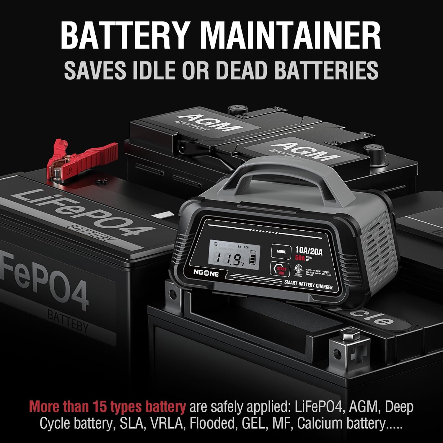 NOONE 10A/20A Smart Battery Charger & Maintainer - 12V/24V Fully Automatic with 50A Engine Start, Winter Mode, and Auto Repair - Car Trickle Charger for AGM, Gel, Deep Cycle & LiFePO4 Batteries