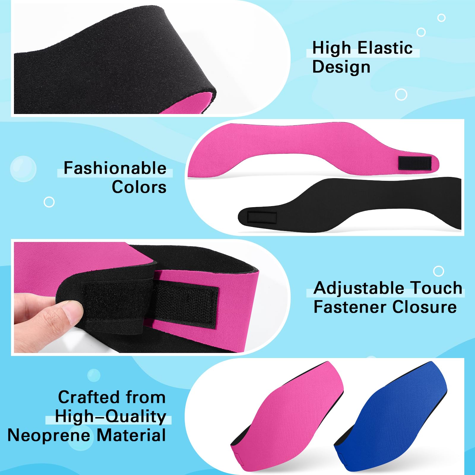 Lunmon 2 pares de diademas de natación ajustables para adultos, impermeables, tapones de seguridad para los oídos, protectores de natación para piscina, surf, buceo y deportes acuáticos (azul, coral)
