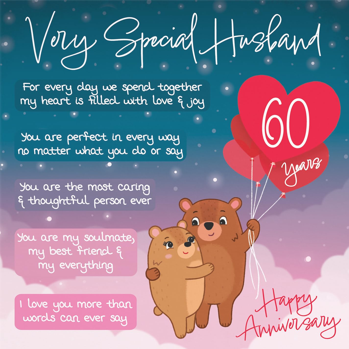 Hunts England - Starry Night 60th Anniversary Card for Husband - Cute Bears & Poem, 60th Husband, Standard (148 x 148 mm) - Image 2