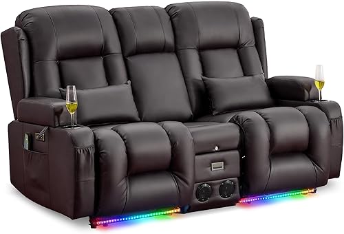 URRED Sofá reclinable de dos plazas con masaje y calor, sofá biplaza reclinable eléctrico con consola, asiento de cine en casa con luces LED,