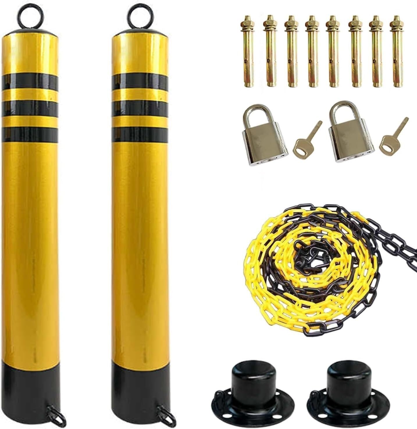 MOKLYF 2Pcs Parking Barriers Bollard with 5 m Plastic Chain, Removable Traffic Delineator Posts (Yellow 3x21.7 in)