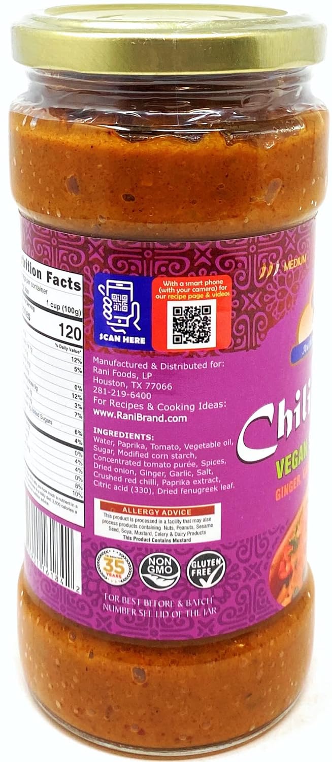 Rani Chili Chicken Vegan Simmer Sauce (Ginger, Garlic, Tomatoes & Spices) 14oz (400g) Glass Jar, Pack of 5+1FREE ~ Easy to Use | Vegan | No Colors | All Natural | NON-GMO | Gluten Free | Indian Origin