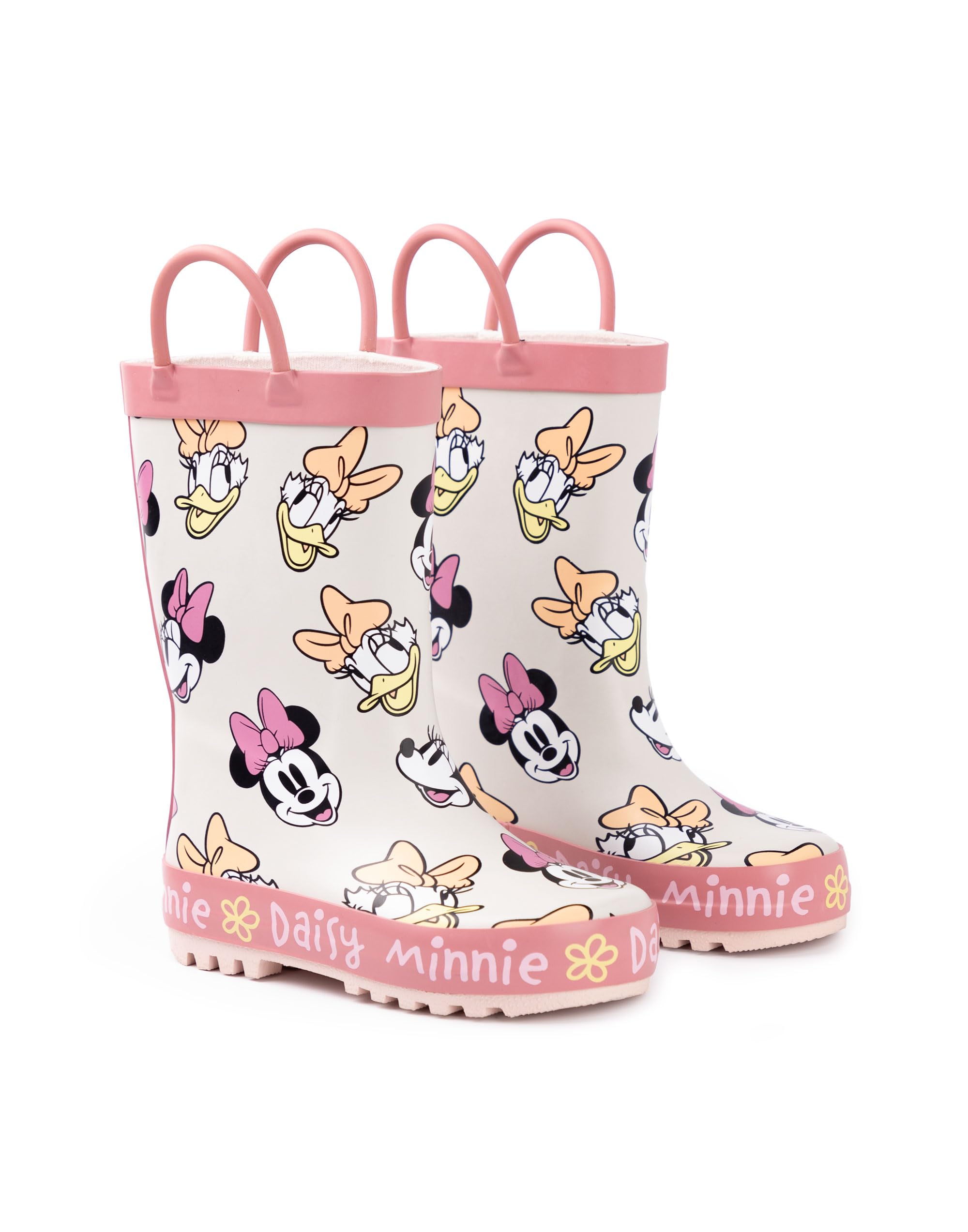 Disney Dziewczynki kalosze z myszką Minnie | Dziecięce kalosze z uchwytem Minnie i Daisy z nadrukiem na całej powierzchni w kolorze beżowym i różowym, wodoodporne, łatwe do wciągania gumowe buty dla