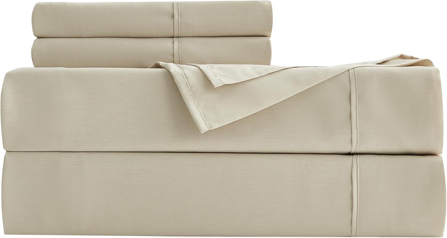 Chezmoi Collection 4-Piece Stone Washed California King Sheet Set - Rayon Derived from Bamboo & Polyester Blended, Breathable & Cooling 15-Inches Deep Pocket Sheets & Pillowcases Set, Sand