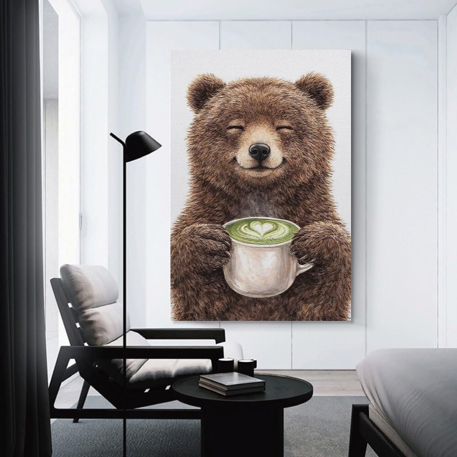 Junmoney Happy Bear with Matcha Latte Canvas Wall Decor 24x36inch(60x90cm), for Flats, Guest Rooms Or Compact Rooms, Home Artwork for Modern Interiors