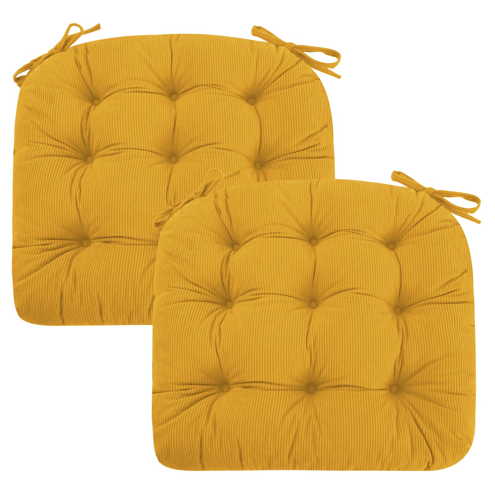 Juego de 2 cojines para silla, 45 x 45 x 7 cm, amarillo, cómodos cojines de pana y terciopelo de cristal con lazos, ideales para comedor, oficina, salón y sillas de jardín, relleno de alta
