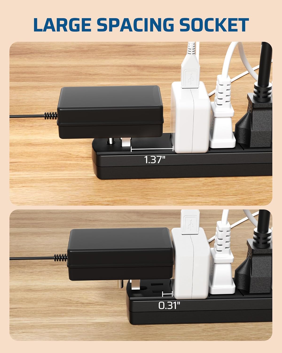 DEWENWILS 6FT Long Power Strip with Large Spacing Sockets, 300J Surge Protector，360° Rotating Flat Plug & 6 Outlets, 14/3C Black Extension Cord, Wall Mount,ETL Listed