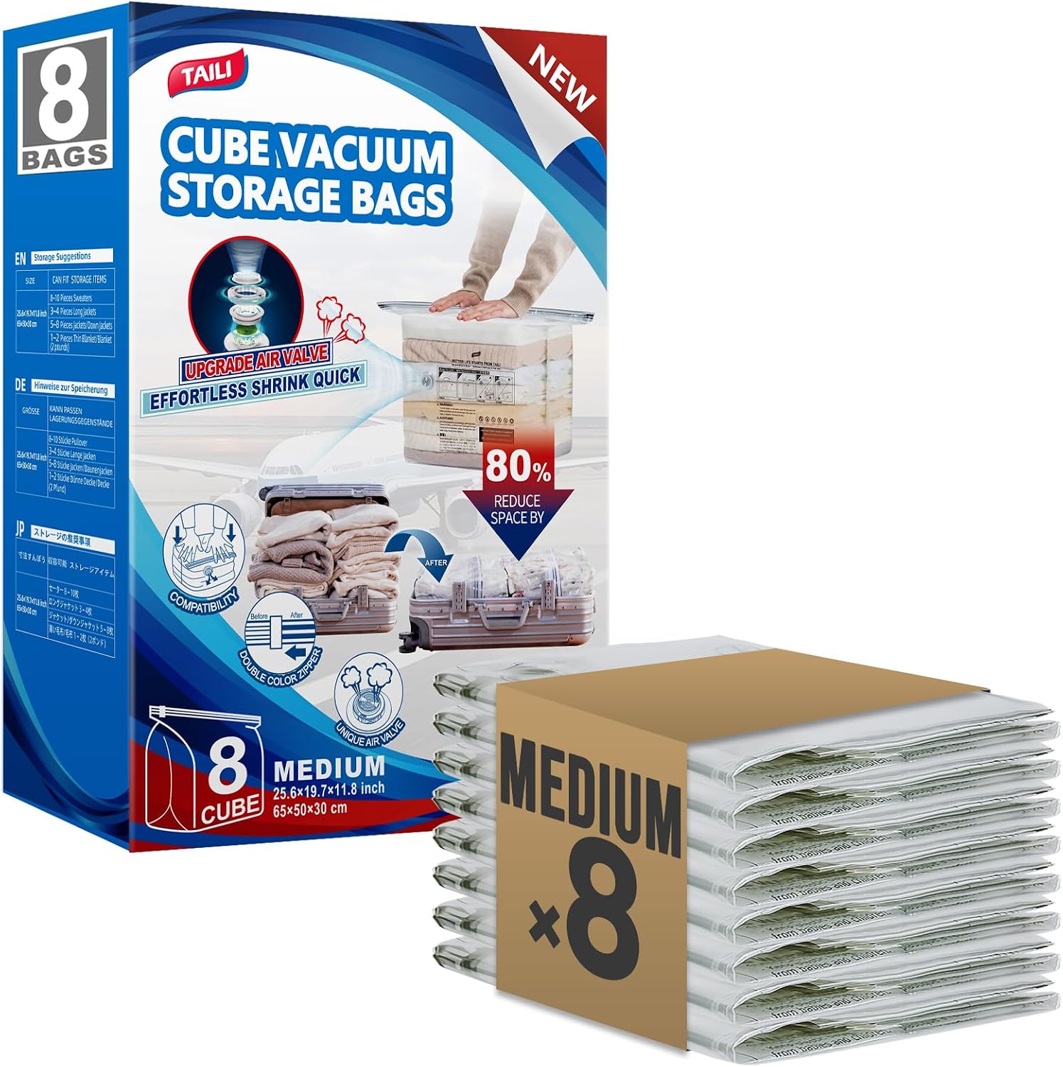 TAILI 8 Pack Vacuum Storage Bags, Medium Cube (25x19x11 Inch), Clear