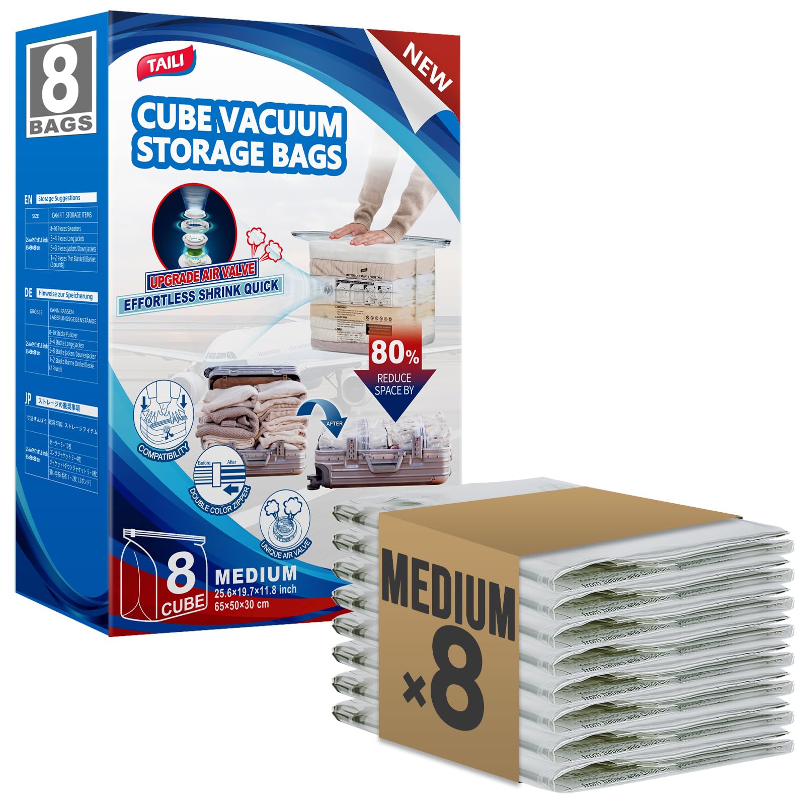 TAILI 8 Pack Vacuum Storage Bags, Medium Cube (25x19x11 Inch), Clear