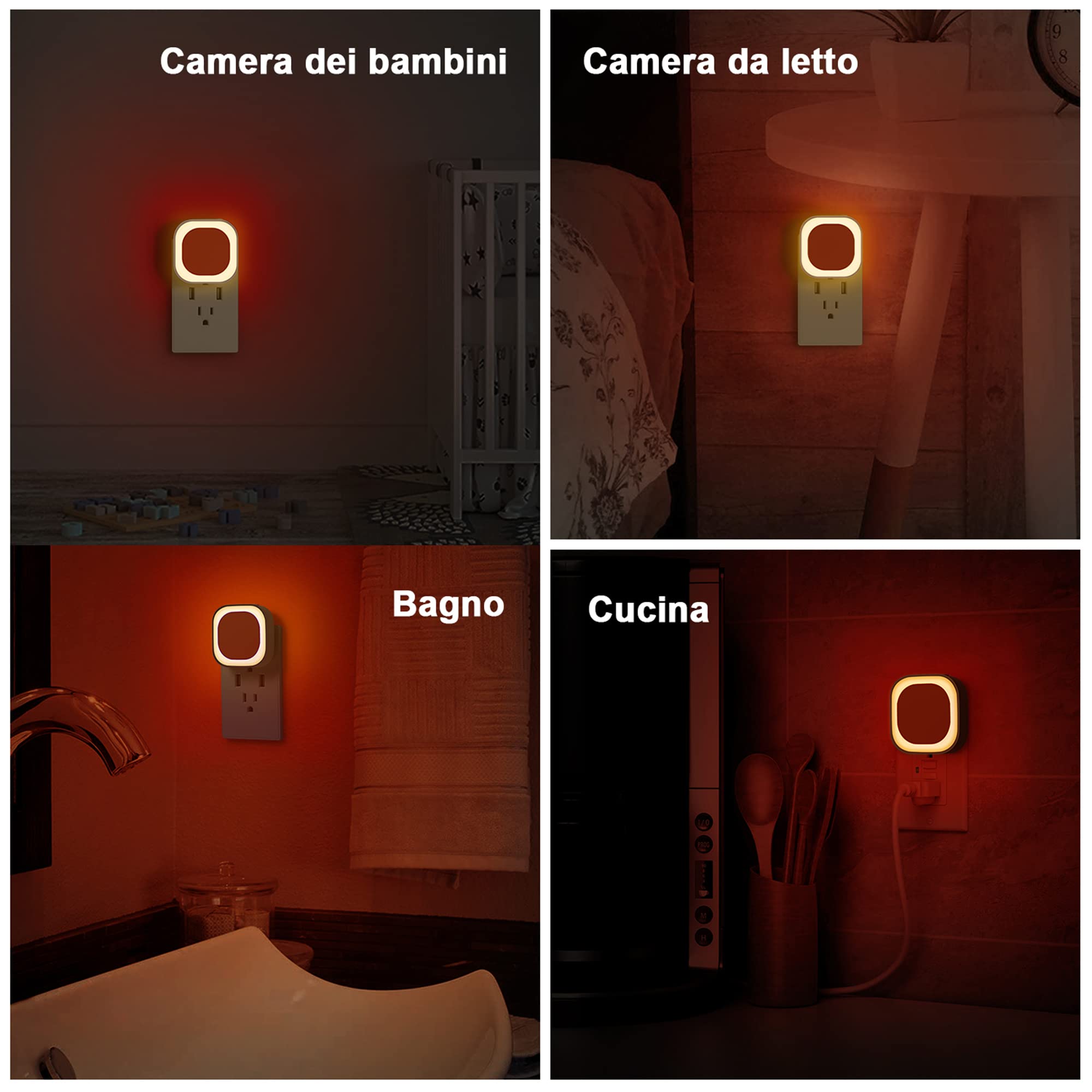YUNLEX Presa di Luce Notturna con Sensore Crepuscolare, 3 livelli di luminosità regolabile per Camera dei Bambini, Bagno, Corridoio, Cucina, Scale, Rosso