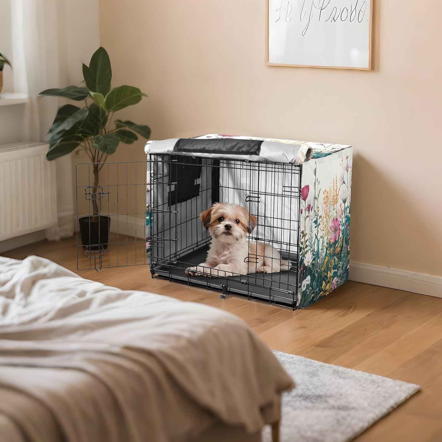Wildflowers Botanical Dog Crate Cover Mesh Window Panels, Pet Cage Cover with Mesh Windows, Large