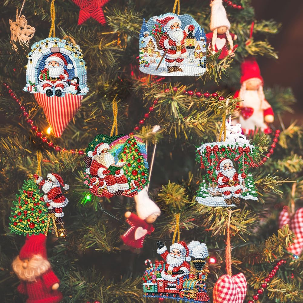 C'eitura 15pcs DIY Santa Claus Acrylic Diamond Art Christmas Hanging Ornaments Kit, Create Your Own Xmas Tree Hanging Pendant for Wall Door Window Decor, Fun Family Holiday Craft Project & GIF