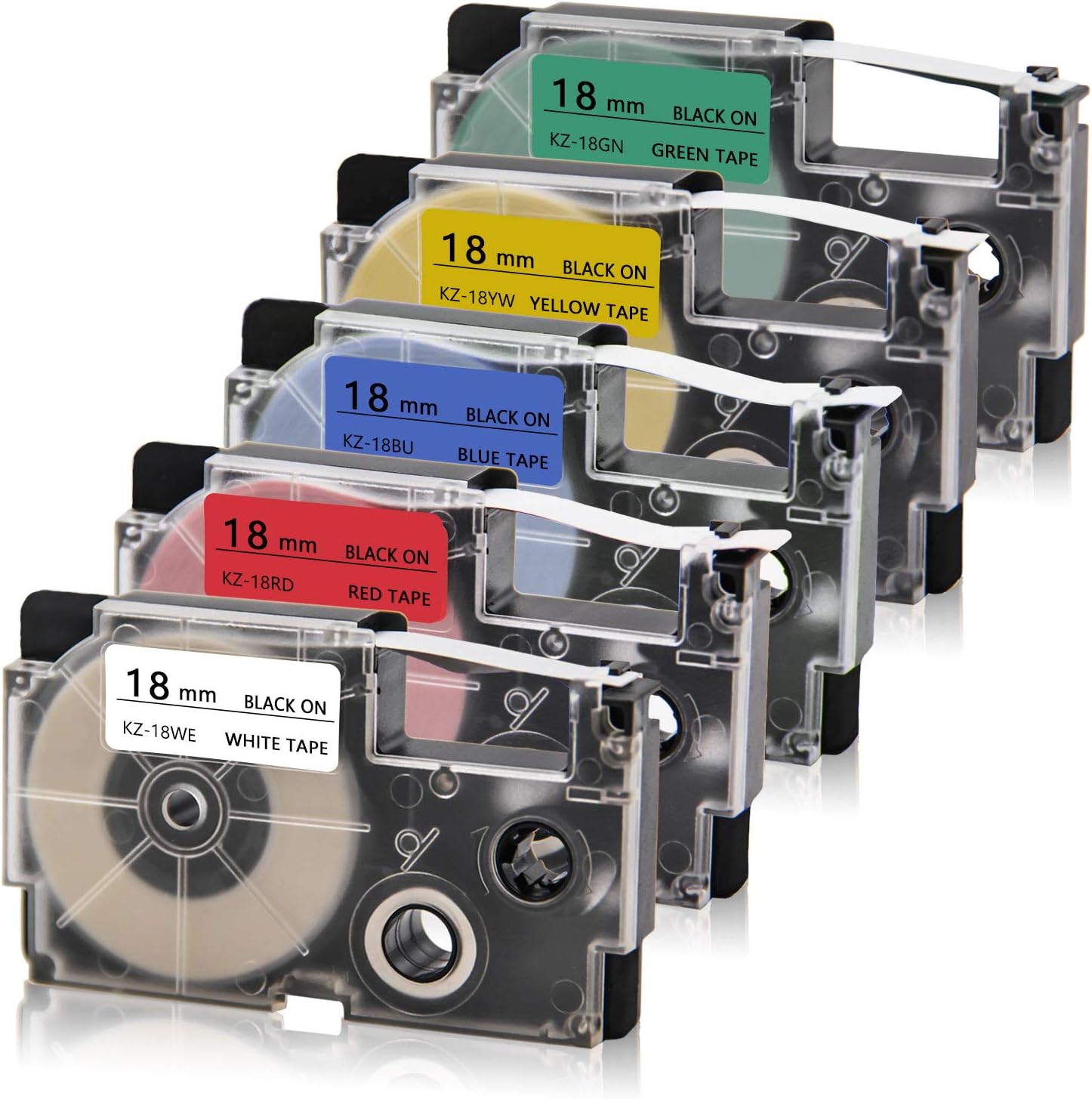 Absonic 5-Pack Compatible 18mm Label Tape Replacement for Casio XR-18WE XR-18RD XR-18BU XR-18YW XR-18GN 18mm 0.7" EZ Label Maker Tape for KL-120 KL-750 KL-780 KL-820 KL-7200 KL-8100, 3/4" x 26'