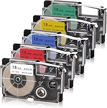 Absonic 5-Pack Compatible 18mm Label Tape Replacement for Casio XR-18WE XR-18RD XR-18BU XR-18YW XR-18GN 18mm 0.7" EZ Label Maker Tape for KL-120 KL-750 KL-780 KL-820 KL-7200 KL-8100, 3/4" x 26