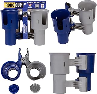 ROBOCUP, Patented Boat Cup Holder, Clamp on Portable Storage Caddy Securely Holds 2 Drinks, Fishing Poles, Tools, Marine Gear | Perfect for Boating, Beach Umbrellas, Golf Carts