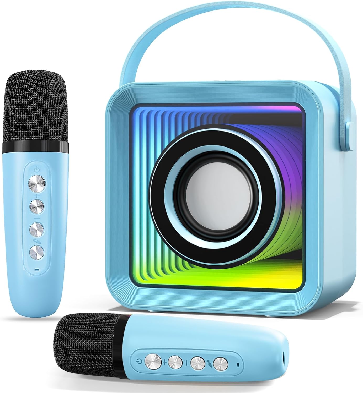Blue mini karaoke machine with two wireless microphones.