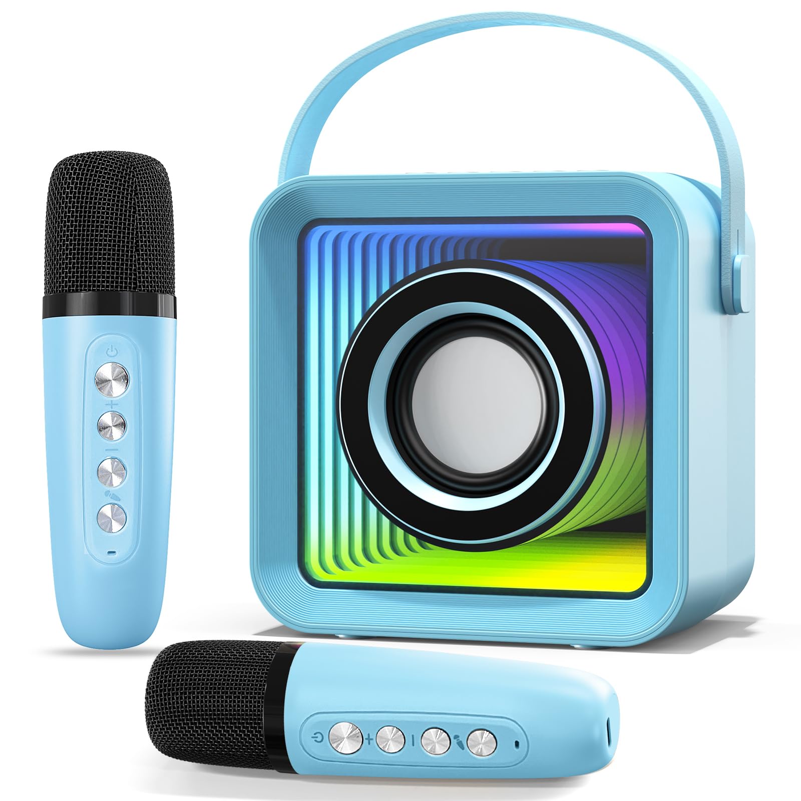 HUABAO Mini Karaoke Machine With 2 Wireless Mics – Portable Bluetooth Speaker With LED Lights For Kids & Adults (Pink)