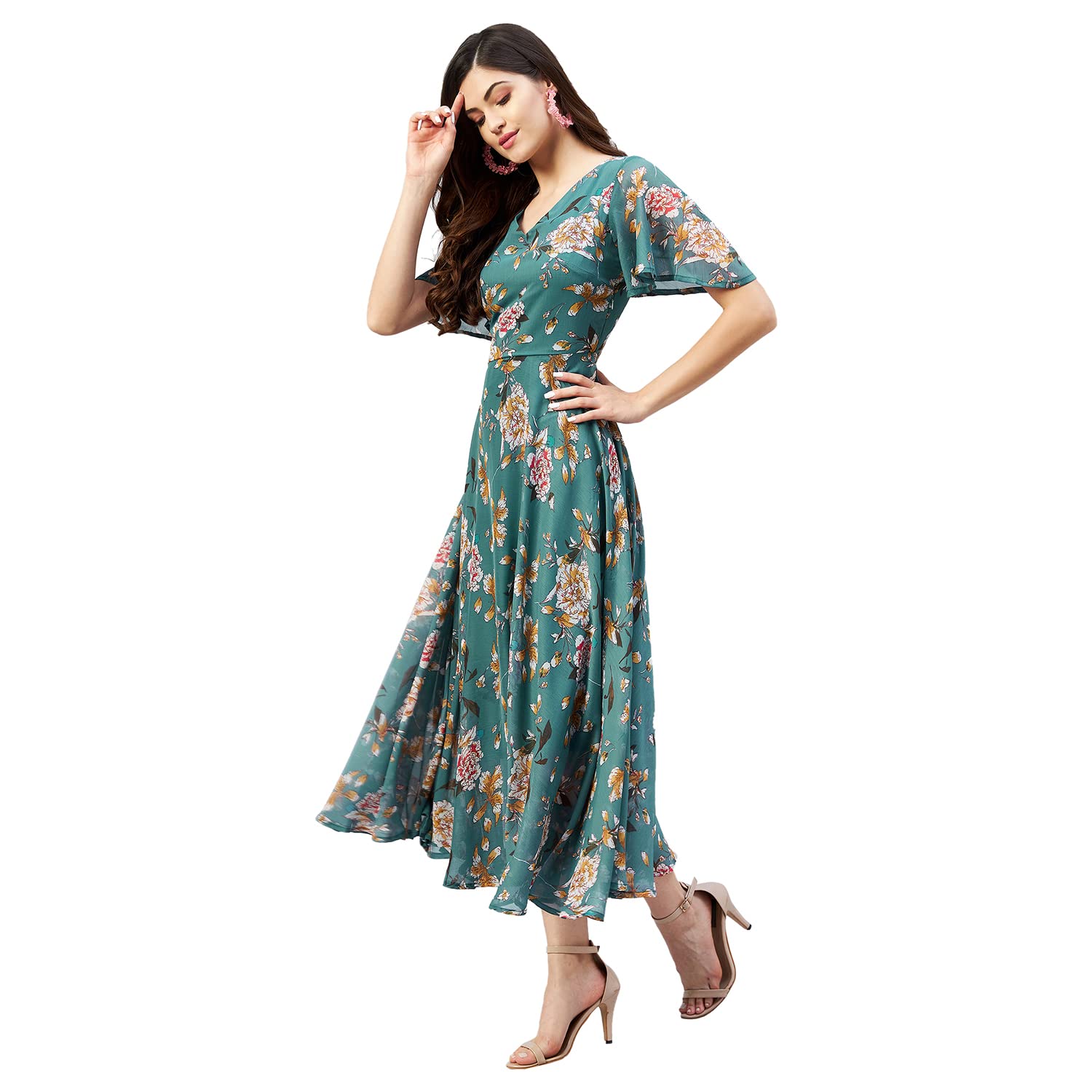 Rare Women Casual Teal Colour Calf Length Floral Fit And Flare Dress, Small