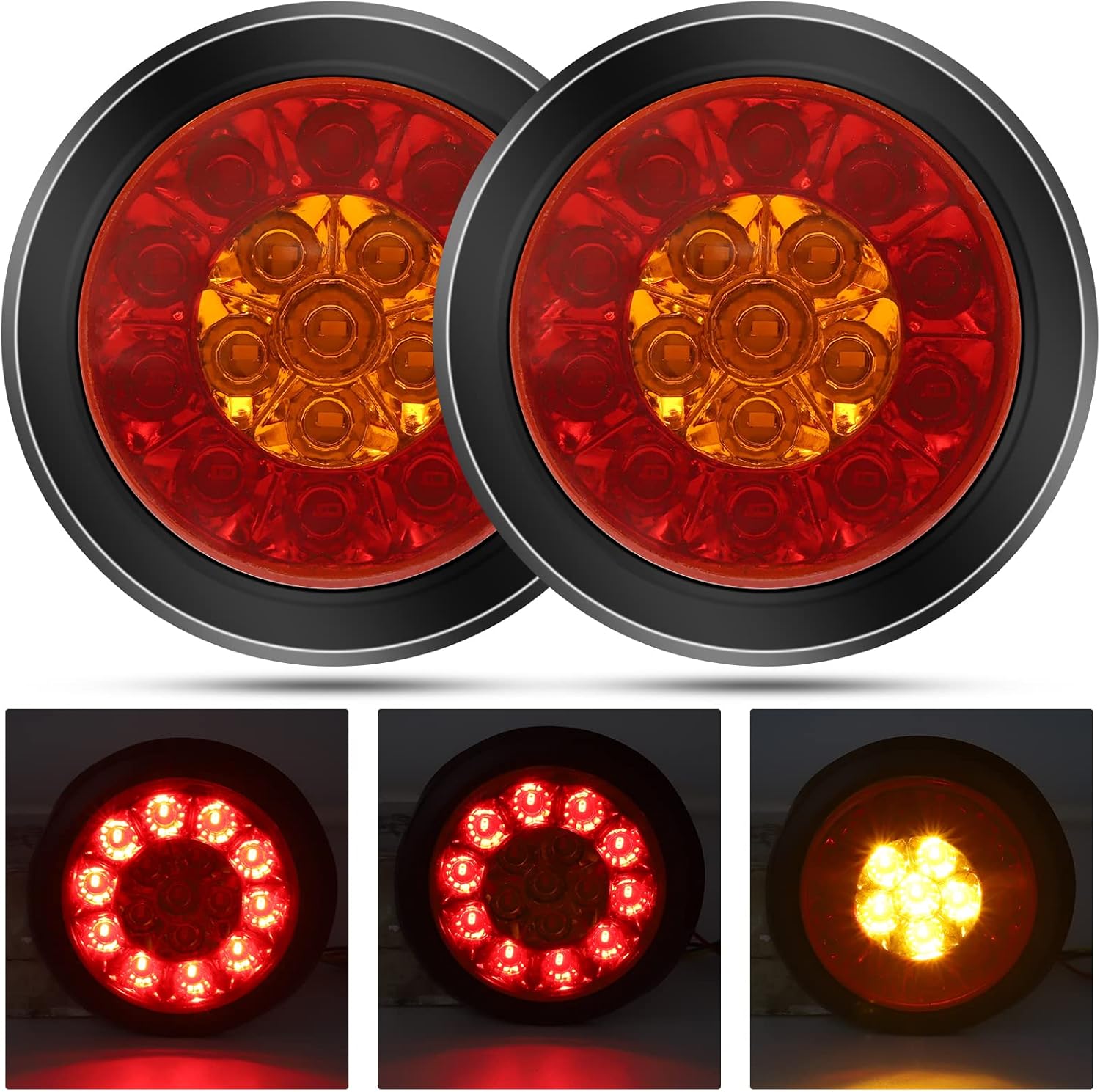 LED Trailer Tail Lights, 4 Inch Red/Yellow Tail Brake Stop Light Turn Signal Lighting with Rubber Ring for Trailer Truck Pickup RV, 2PCS