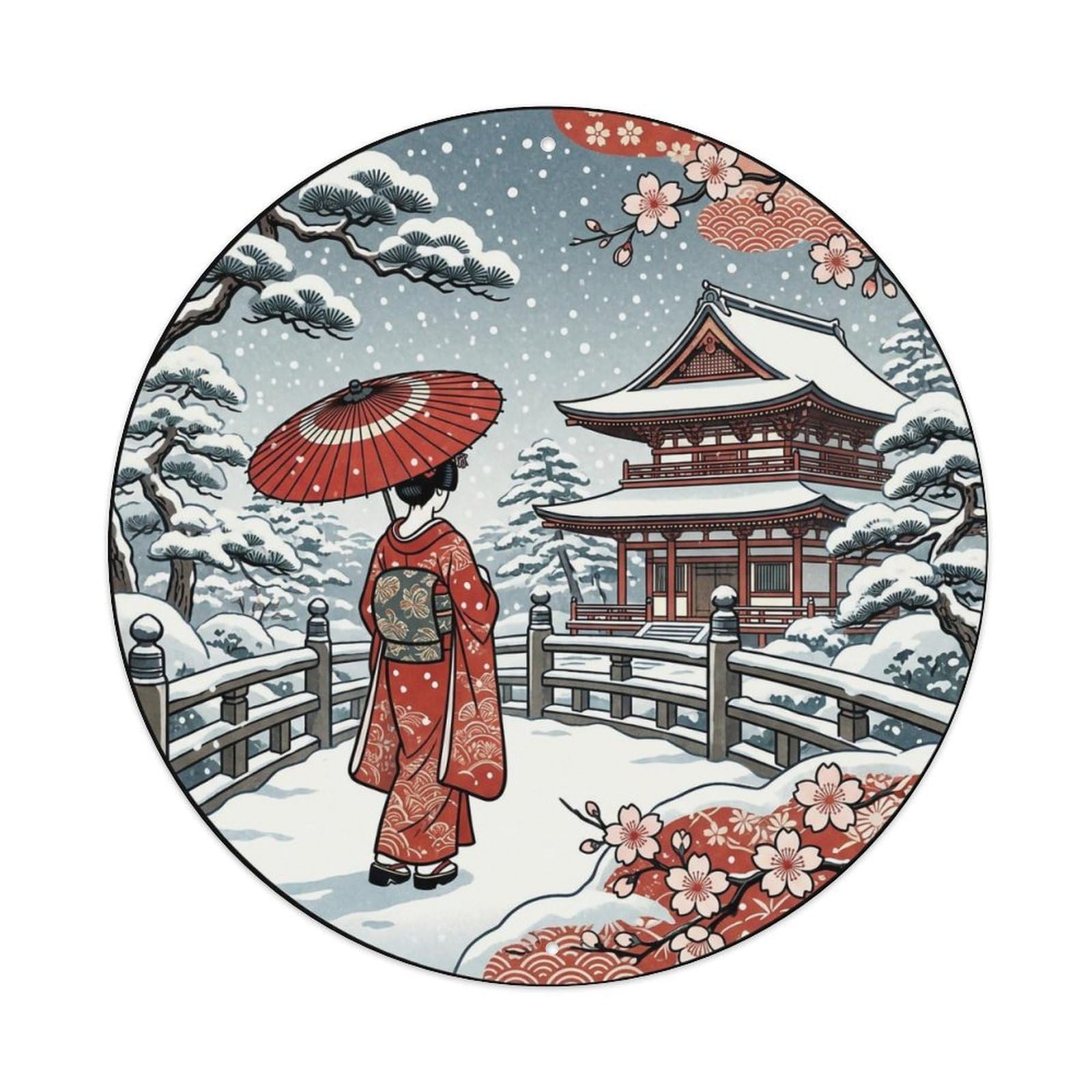 Yrnq 8X8inch Vintage Style Japanese Kimono Lady Snow Umbrella Winter Elegant View Metal Tin Sign