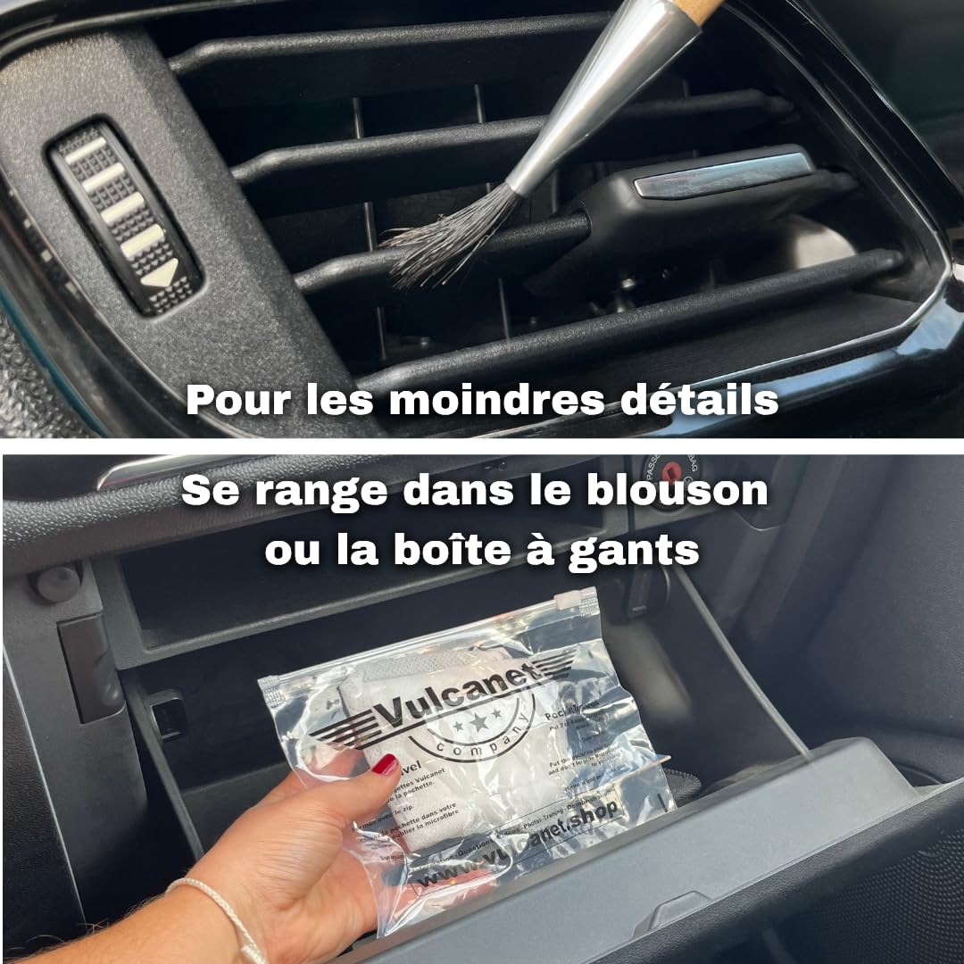 Vulcanet - Nouveau - 80 Nettoyants Auto Moto + Microfibre + Pinceau de précision + Pochette Transport, Nettoie, Dégraisse, Protège - Alcantara Race Tex - Peinture Mat/Brillant, Int/Ext, sans Eau