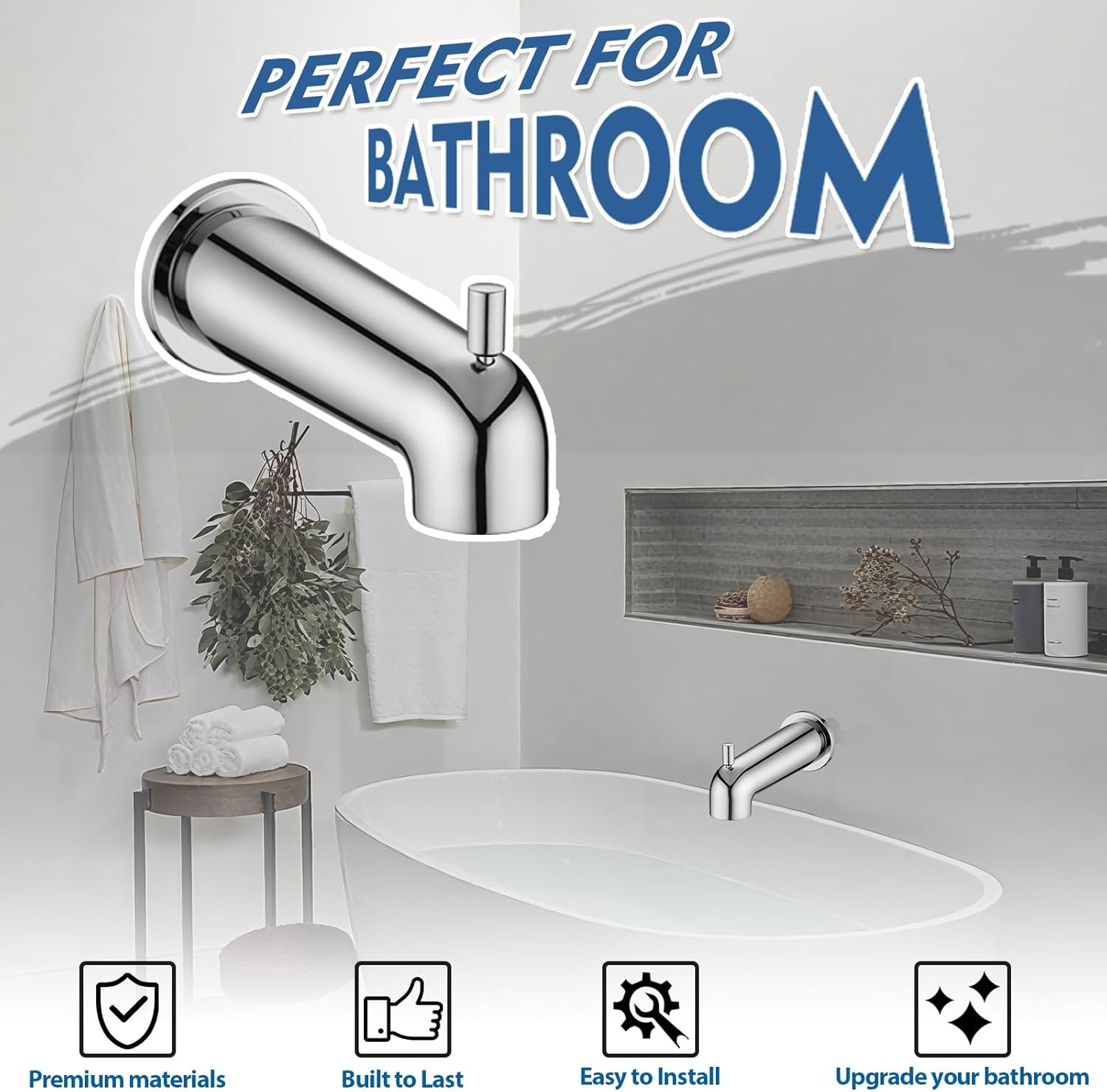 7 Inch Slip on Bathtub Spout with Diverter, Compatible with Moen 3839/3853,Extra Long Diverter Tub Spout Fits 1/2" Copper Tube(5/8" Diameter),Chrome