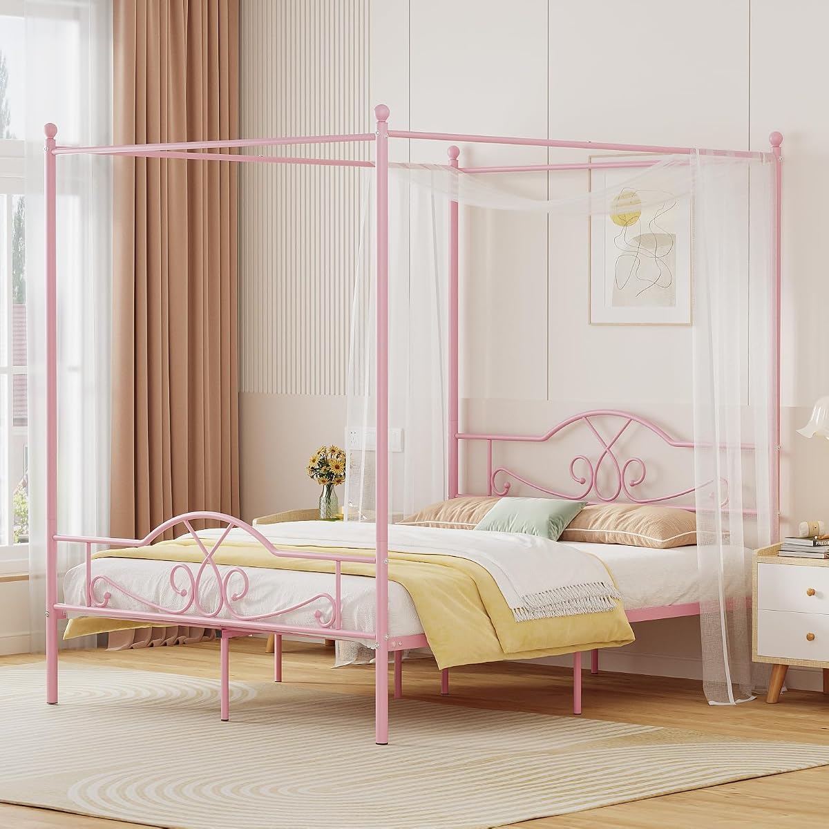 Full Canopy Bed Frame with 4 Posters, Full Size Bed for Kids Girls Adults