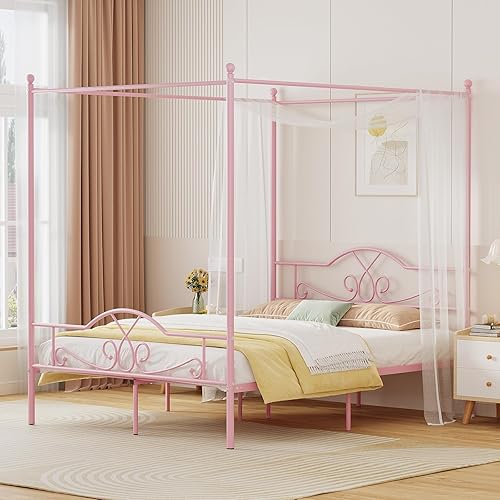 Weehom Base de cama con dosel, tamaño matrimonial con cabecero y estribo, cuatro pósteres de metal para cama, base de colchón, plataforma de cama,