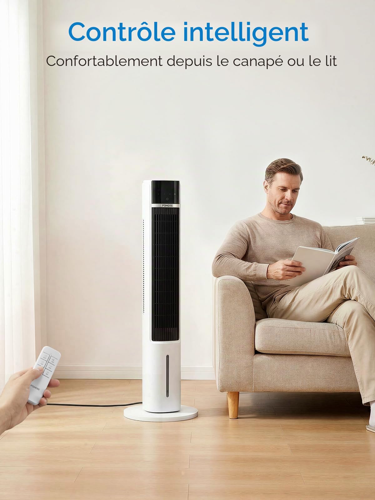 FOHERE Refroidisseur d'air et refroidissement par évaporation, ventilateur tour ultra silencieux, avec minuteur 24 h, télécommande, réservoir d'eau 3,2 l, pour salon, chambre à coucher, maison, bureau