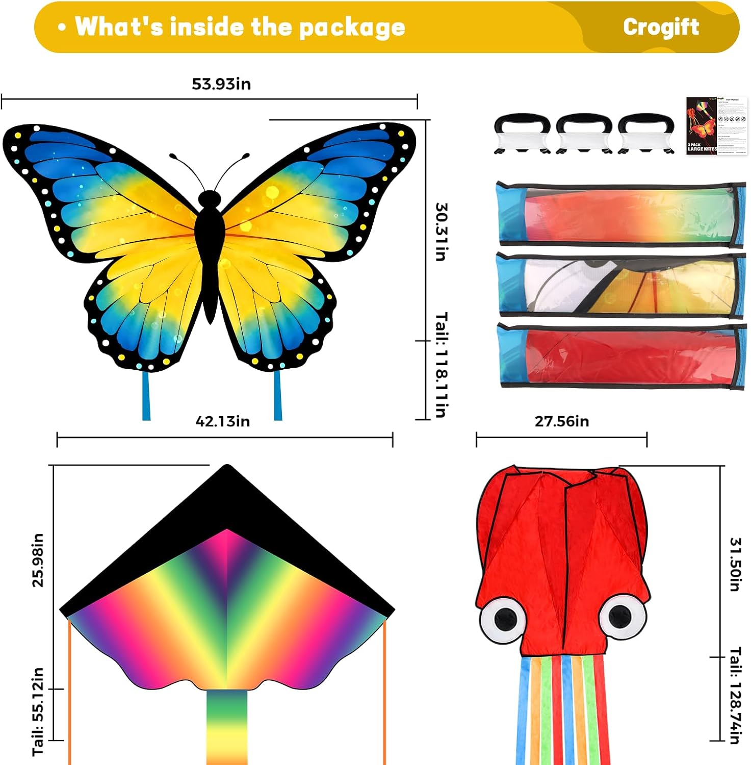3 Pack Kites, Kite for Kids 4-8 8-12, Yellow Butterfly, Colorful Delta and Red Octopus with String Kite for Kids Girls Boys Holiday Birthday Gift