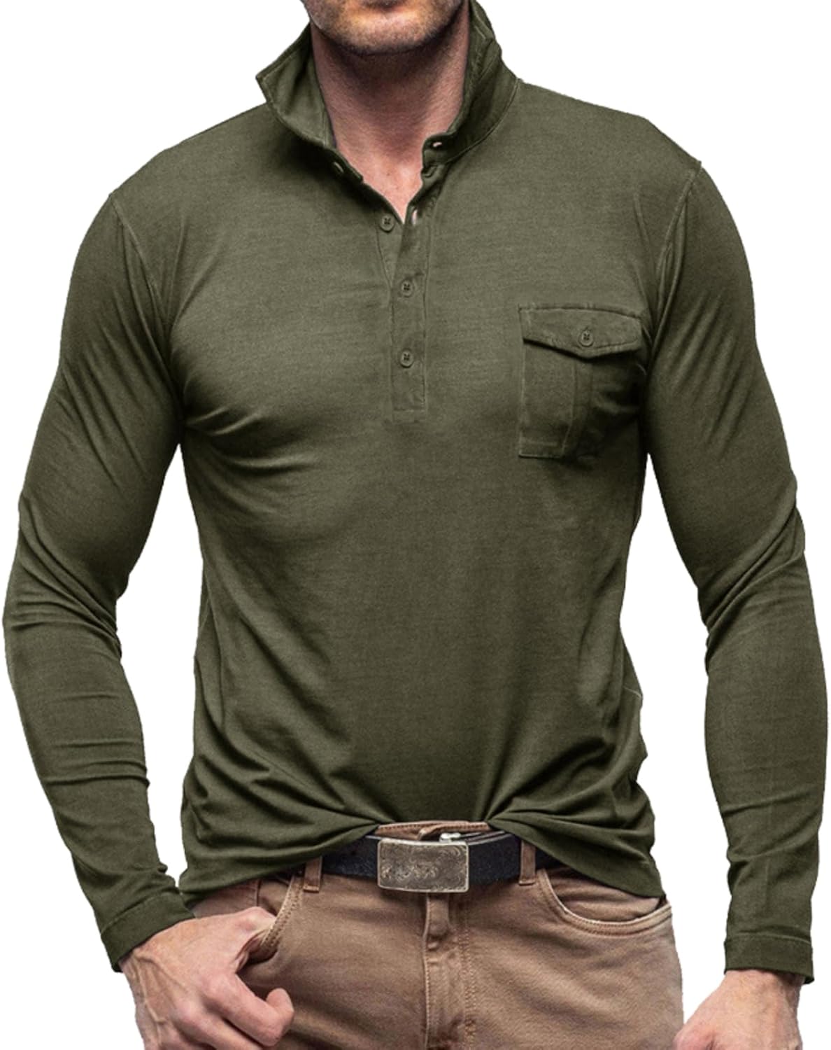Men's Casual Polo Shirt Long Sleeve Cotton Solid Slim Polo T Shirt Lightweight Collared Golf Shirts with Pocket