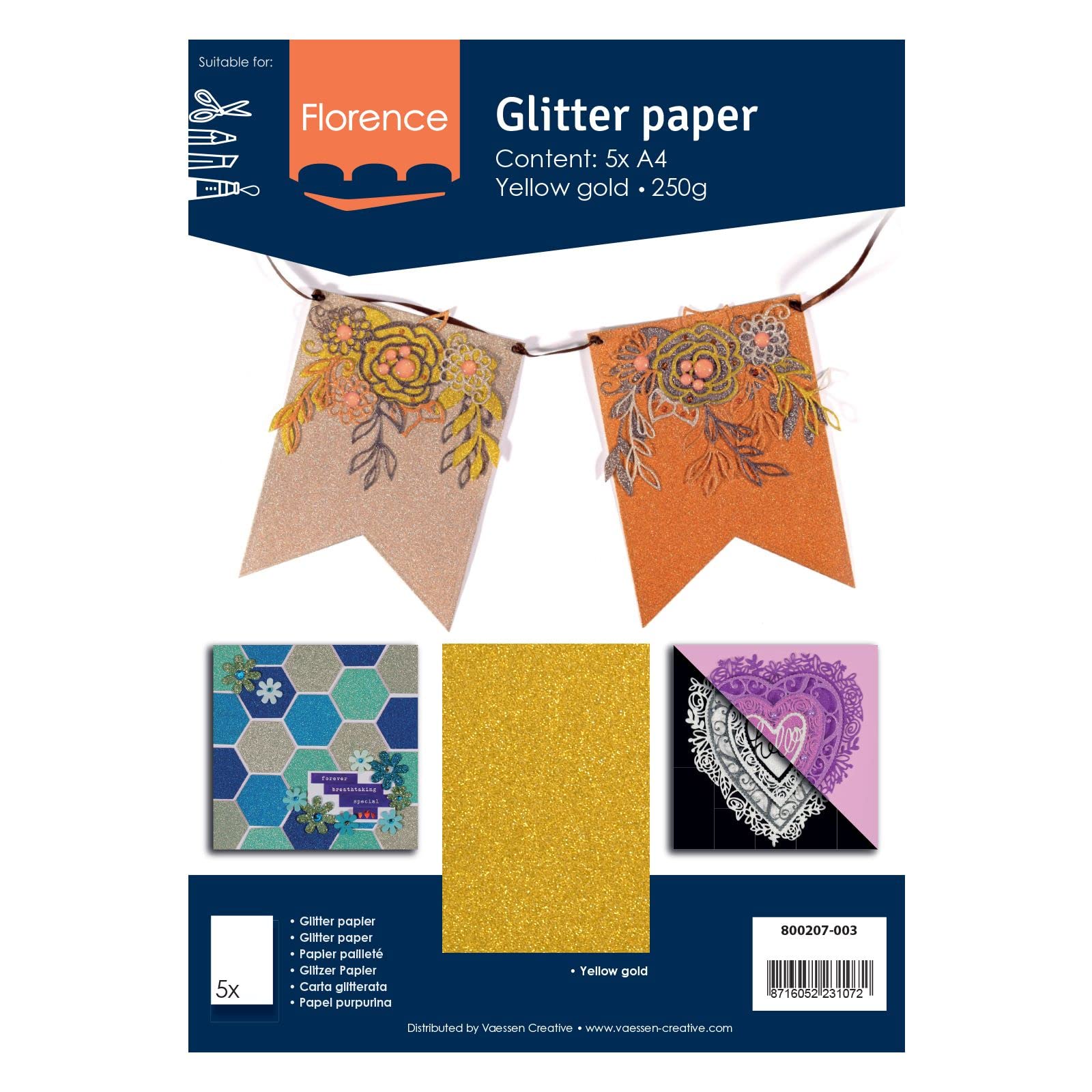 Florence Brokatowy karton, kolorowa karta A4, złota, 5 arkuszy papieru rzemieślniczego, papier do scrapbookingu, do tworzenia kart i innych prac ręcznych, 250 g/m²