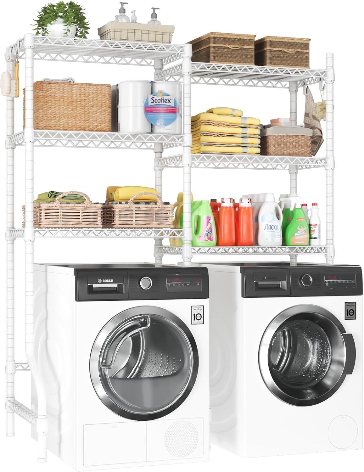 U15 Over Washer and Dryer Storage Shelves, Laundry Above Washer Dryer Storage Rack Space Saver, 6-Tier Wire Shelf with 4 Hooks for Organization, 63.4\"W x 17.3\"D x 76.4\"H, Holds 568lbs, White