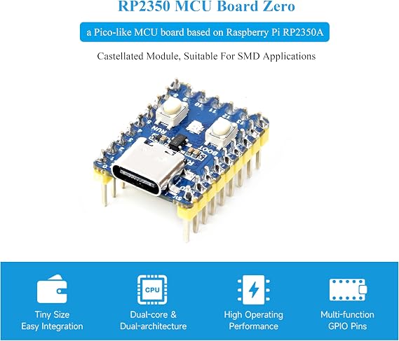 RP2350-Zero Mini Development Board with Pre-Soldered Header, Based On RPi RP2350A Dual-Core & Dual-Architecture Microcontroller, 29 Multi-Function GPIO Pins Type-C Connector