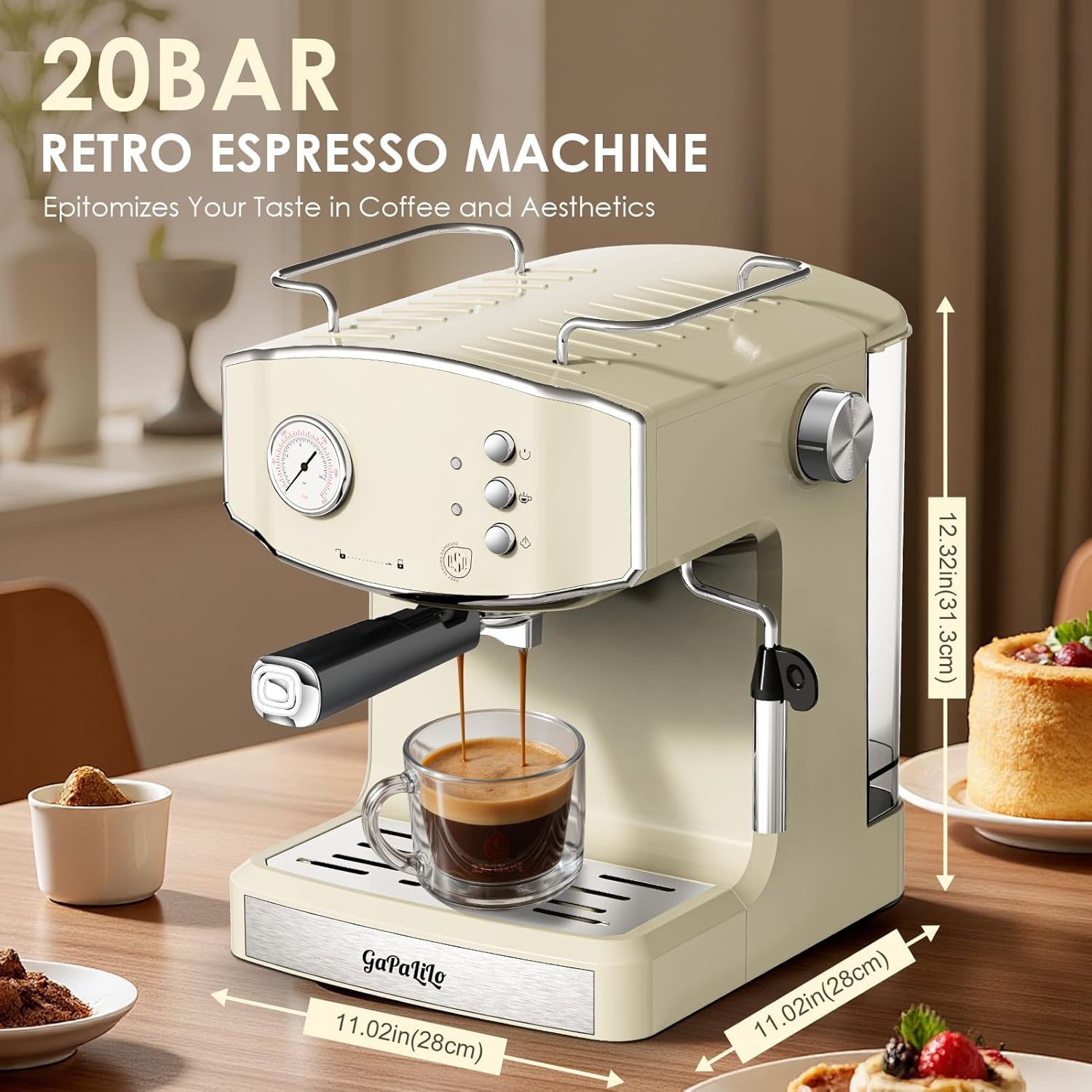 Retro-Style 20 Bar Espresso Machine with Milk Frother, ESE Pod Compatible Coffee Maker with Pressure Gauge, 54 oz PP Removable Water Tank for Home Barista (Beige)
