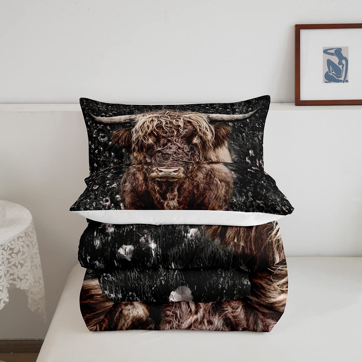 Loussiesd - Set di biancheria da letto, motivo mucca delle Highland con motivo a forma di mucca, colore: marrone, con copripiumino e federe per letto singolo, 2 pezzi, con cerniera