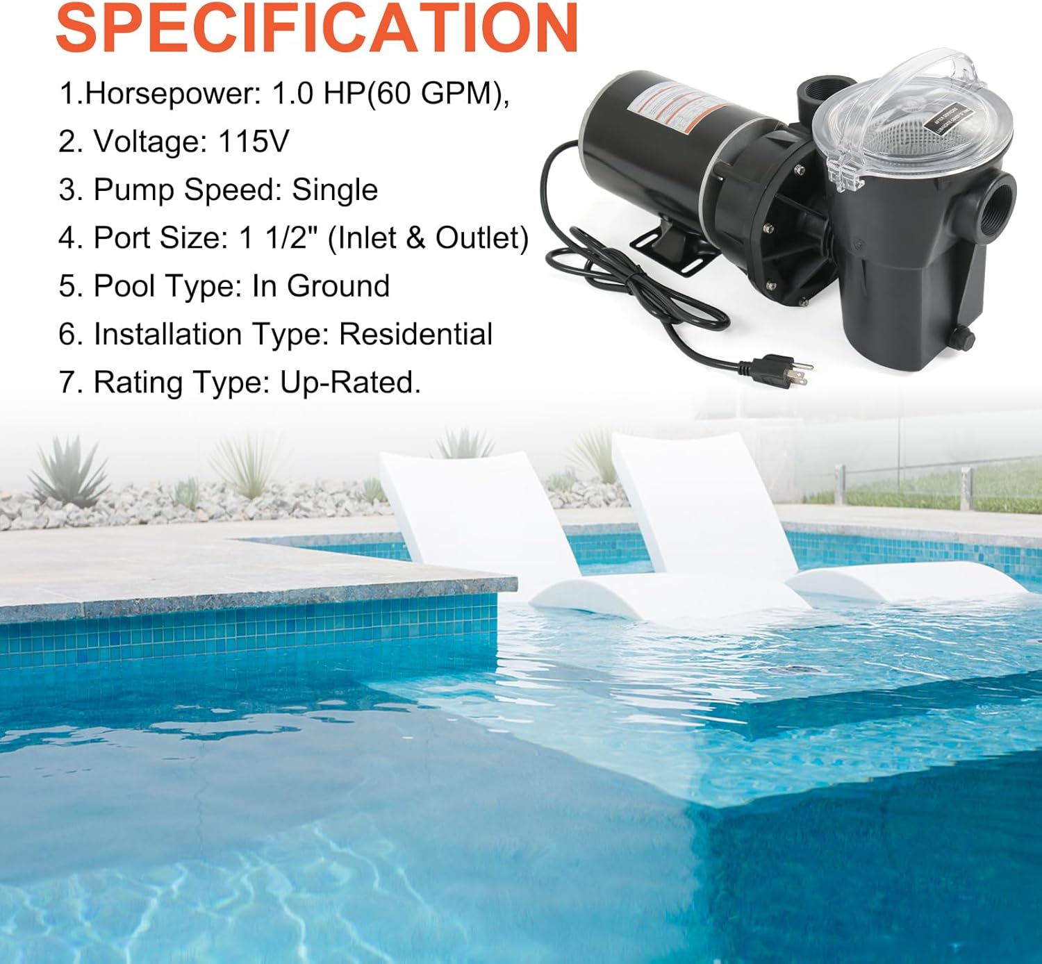 Pool Pumps Above Ground 1.0 motor HP W3SP1580 Power Flo LX Single Speed Swimming Pools Pump 115V,11.2A,60HZ,3450RPM for In-Ground Pool and Spa