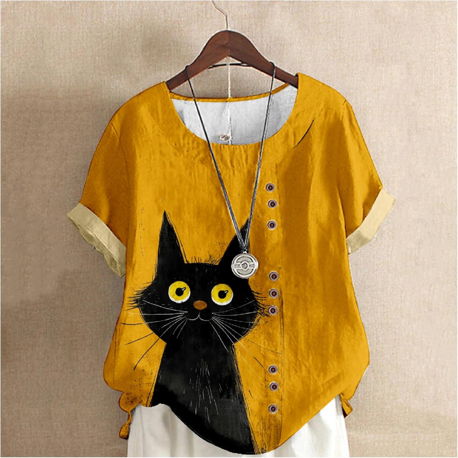 Cotton Linen Tops Womens Cute Cat Printed Short Sleeve Crewneck Casual Trendy Blouses Summer Retro Shirts - Image 2