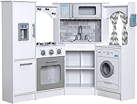 KidKraft Ultimate Corner Wooden Play Kitchen with Lights, Sounds, Phone & Curtains - White, Space-Saving Pretend Play for Kids