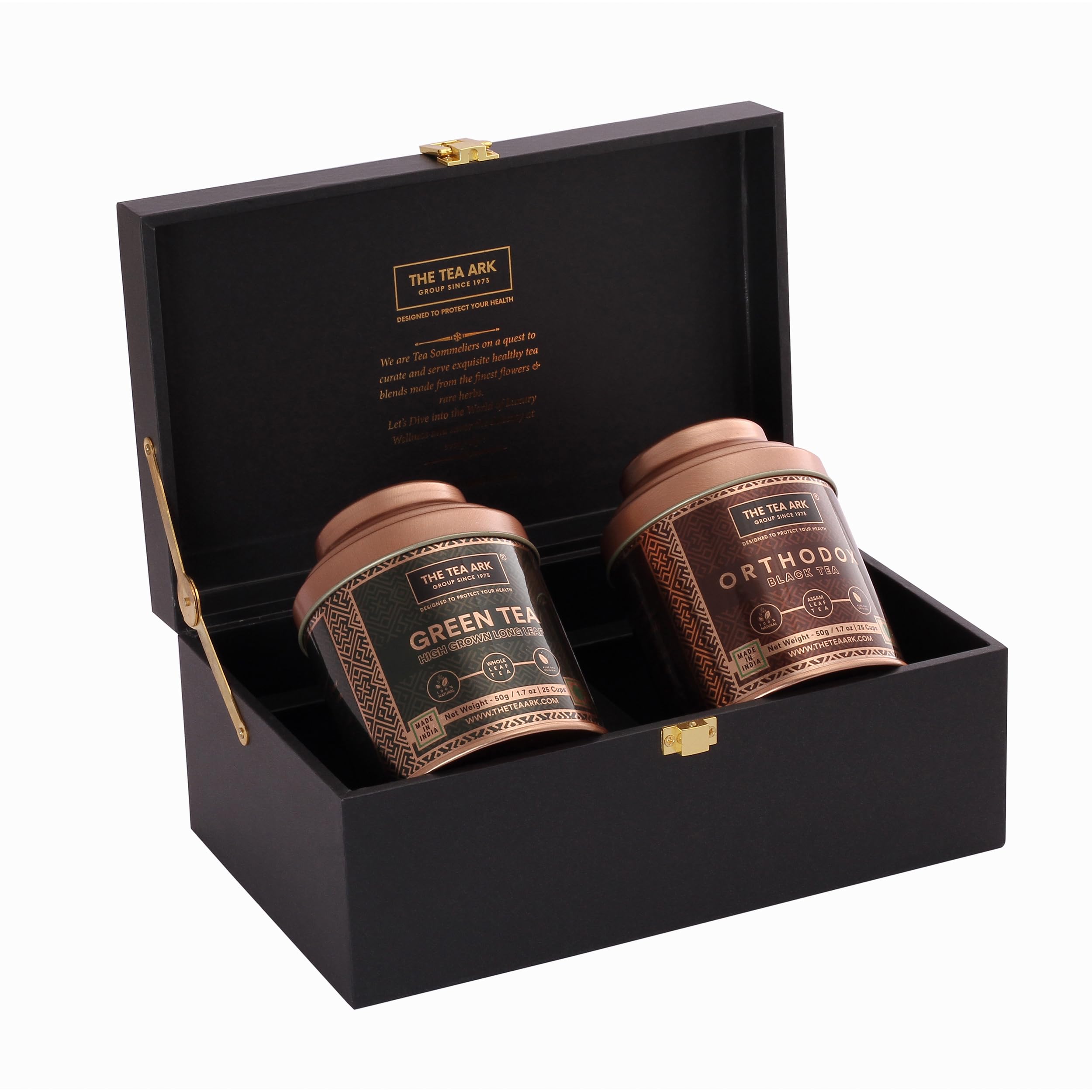 The Tea Ark Delight Diwali Gift Box | Orthodox Black & High Grown Long Leaf Green Tea | Elevate Your Tea Experience (50g x 2 Dome Tins)