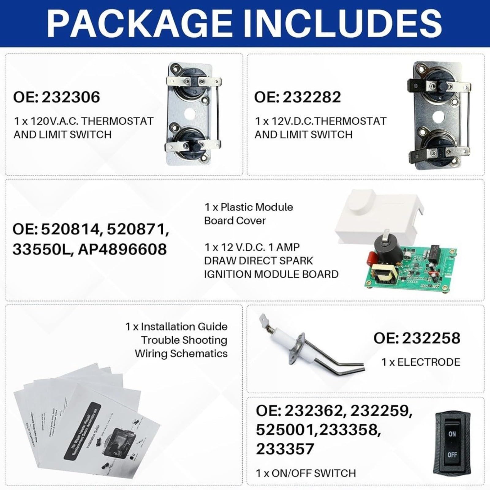 Set di ricambio per riscaldamento dell'acqua RV 5 in 1 con scheda di controllo 520814, termostato ed elettrodo di accensione per Suburban SW-4D SW-6D SW-10D 12 V per kit di riparazione camper