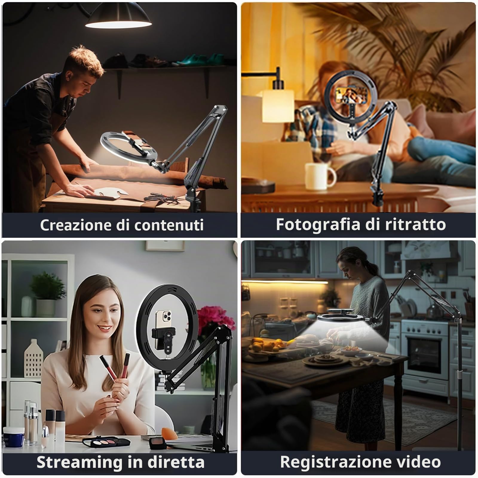 10'' Ring Light con Supporto per Telefono Con Due Basi, Luce ad Anello con Regolabile Supporto Cellulare, Ring Light professionale Dimmerabile per Video/TikTok/YouTube(Senza Telecomando)