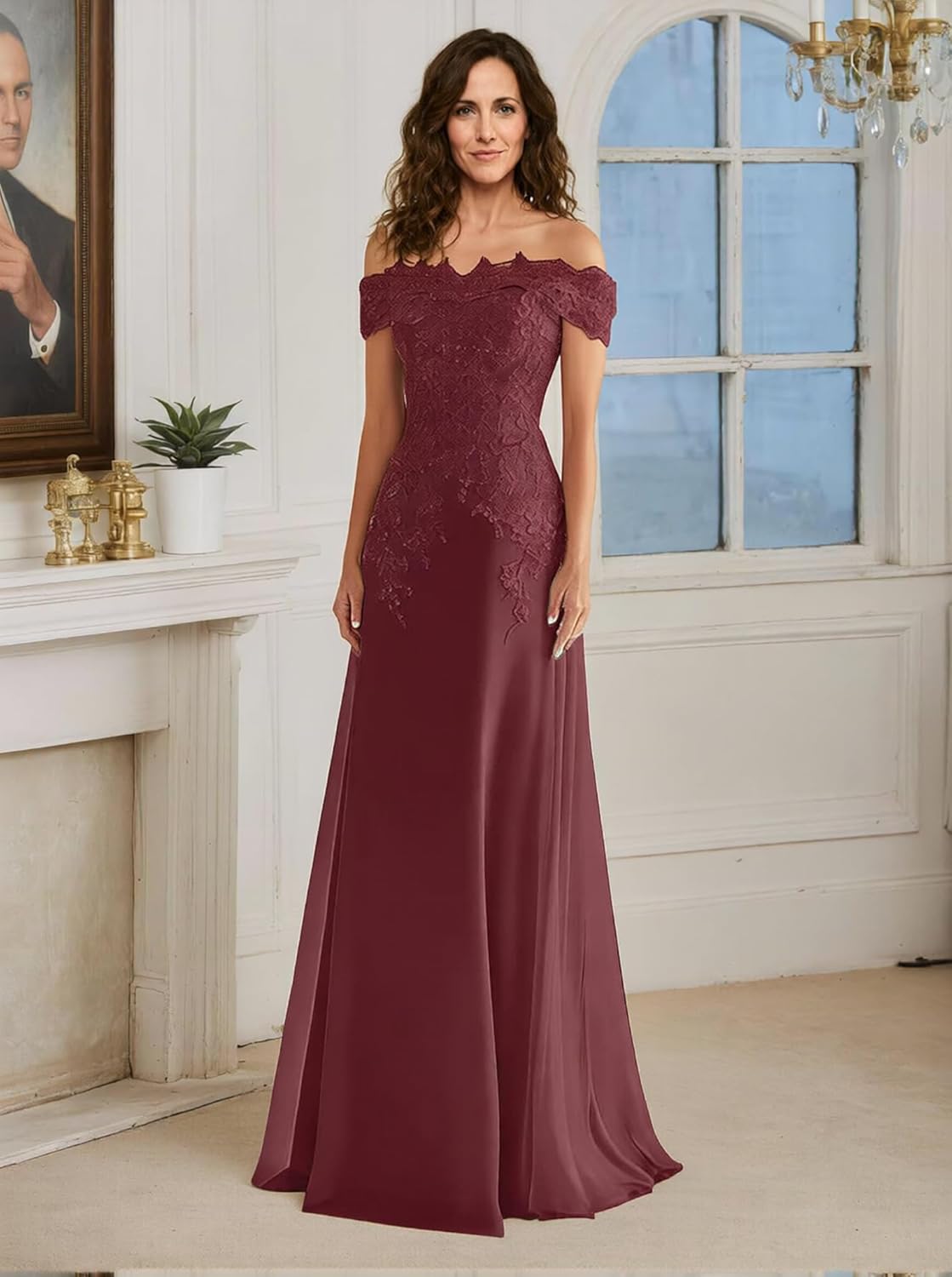 Off The Shoulder Chiffon Mother of The Bride Dresses Lace Applique Wedding Guest Dress A-Line Formal Evening Gown