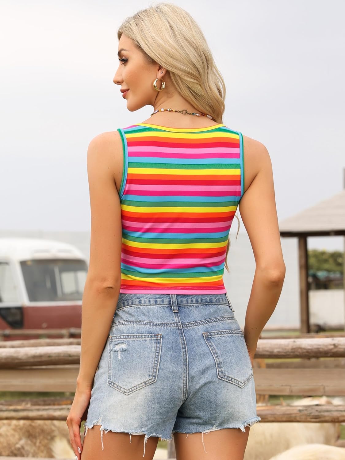 Allegra K Y2K Striped Tank Tops for Women's Sexy Square Neck Slim Fit Sleeveless Crop Top - Image 3