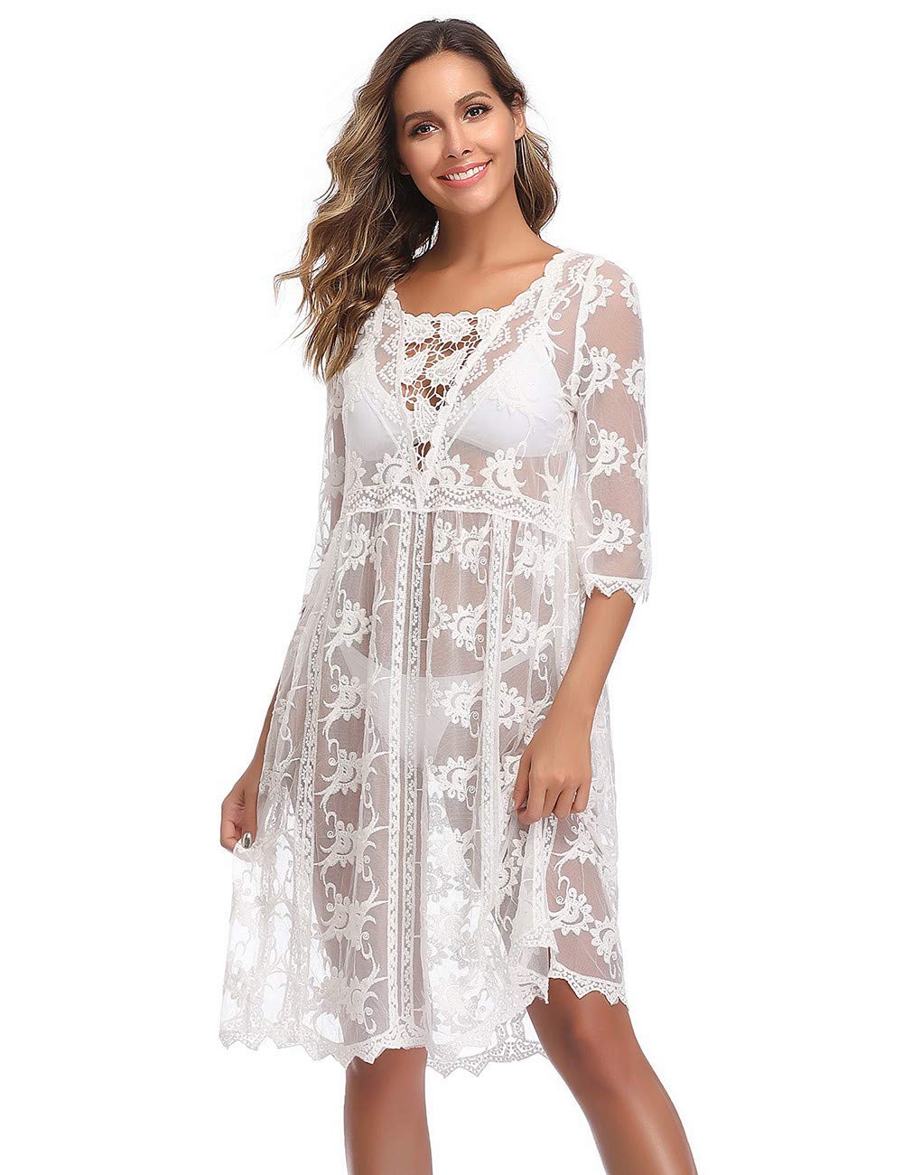 comeondear Damen Strandkleid Sommer Spitzen Transparent Langarm Bikini Cover Up Gestrickte Sommerkleid Badeanzug Beachwear Weiß