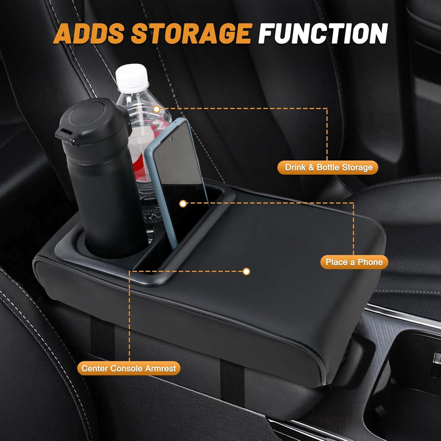 Car Center Console Armrest with Cup Holder & Phone Holder, Leather Arm Pillow Cushion Universally Works on Consoles Open Upward