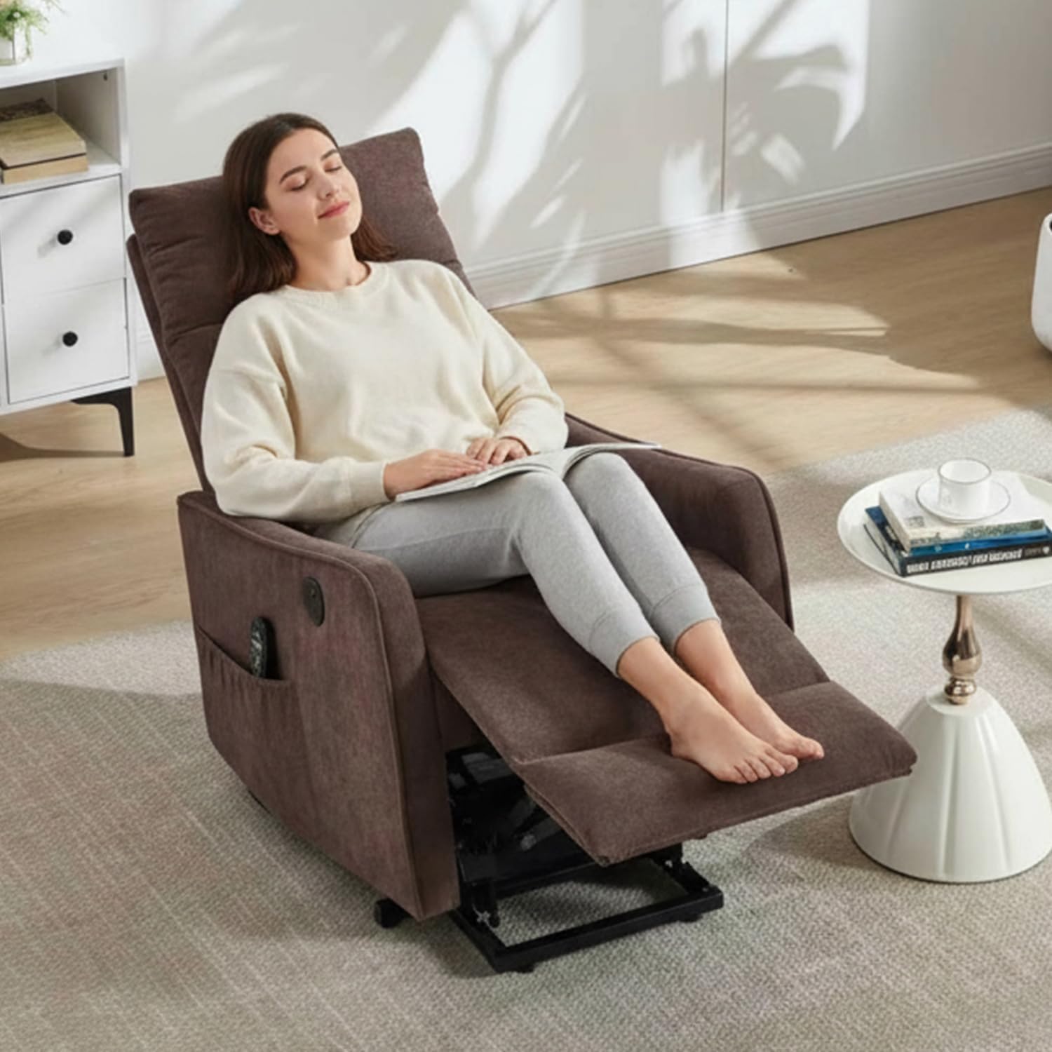 Trustyue Power Lift Recliner Chair with Heat and Massage, Lift Chairs for Standing Assistance,Small Lift Chair for Petite Elderly with Side Pocket Remote Control Fabric Brown