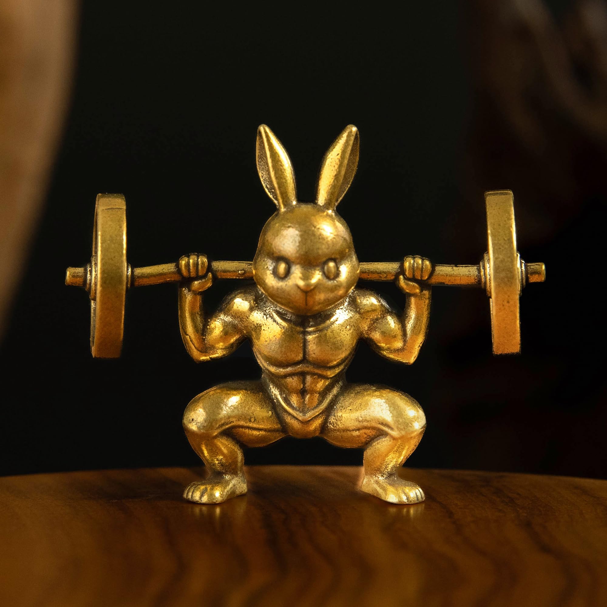 Betr Brsas Vintage Solid Brass Gym Bunny Sculpture, Weightlifting Rabbit Figurine, Funny Motivational Desk Decor, Collectible Art Gift for Fitness Lovers Home Office