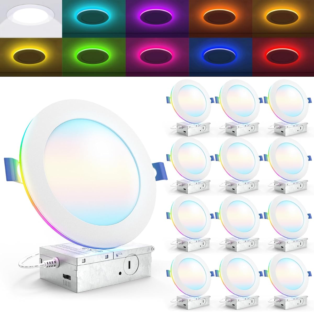 Sunco Paquete de 12 luces de techo empotrables LED inteligentes y delgadas de 6 pulgadas, luz nocturna | CCT sintonizable 2700K a 6000K, regulable, 15W, sin vela, embellecedor liso, caja de conexiones, Downlight LED, para cocinas, techos bajos