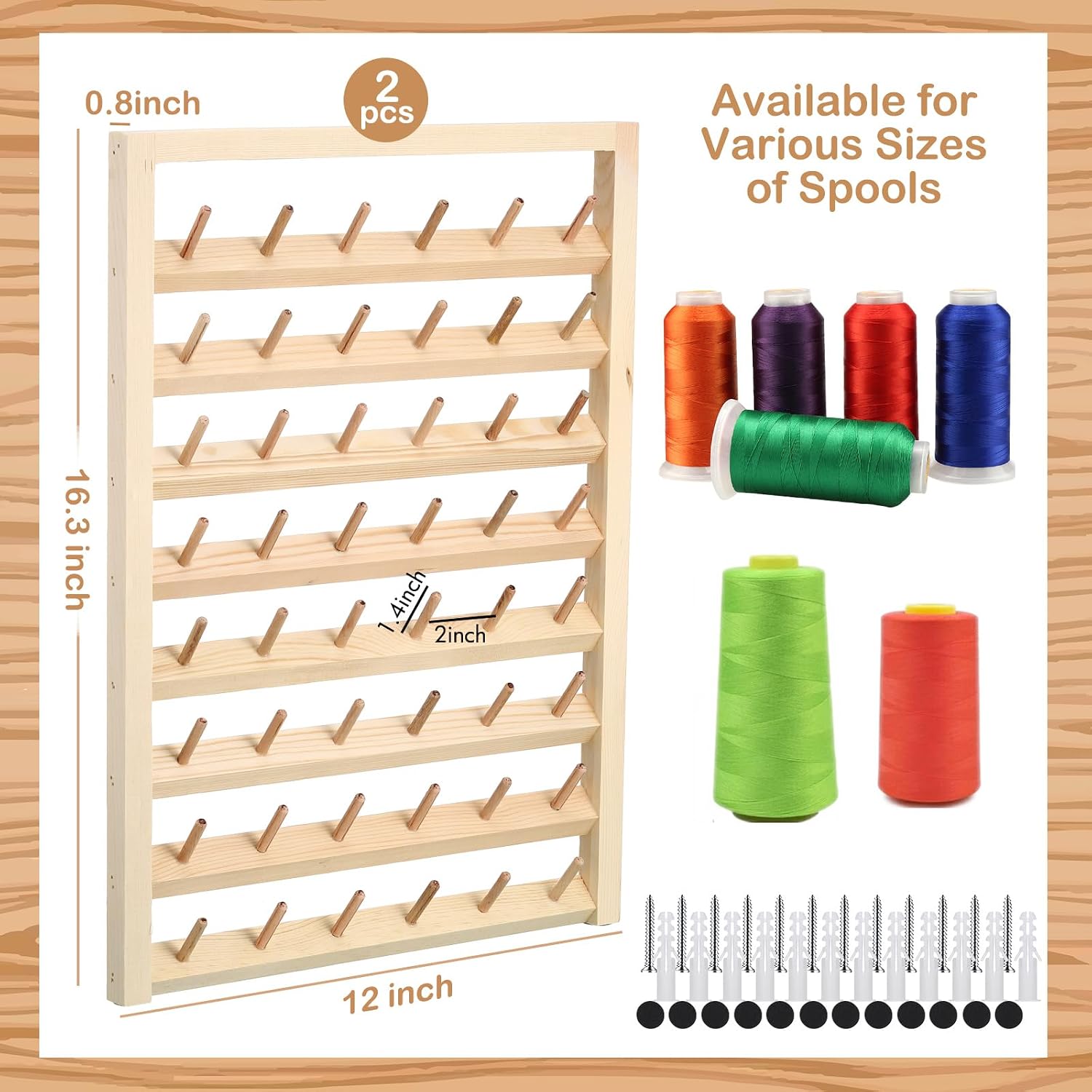 Yahenda 2 Pack 48 Spool Wooden Thread Holder Wall Mounted Thread Rack with Hanging Hooks Organizer for Mini Sewing Quilting Jewelry Embroidery